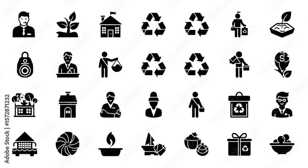 Poster set of vector icons collection of black and white icon illustrations representing various concepts. 