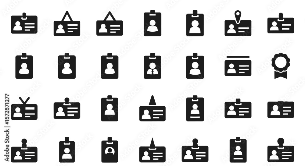 Poster set of vector icons collection of black and white id badges with various designs and styles. vector 