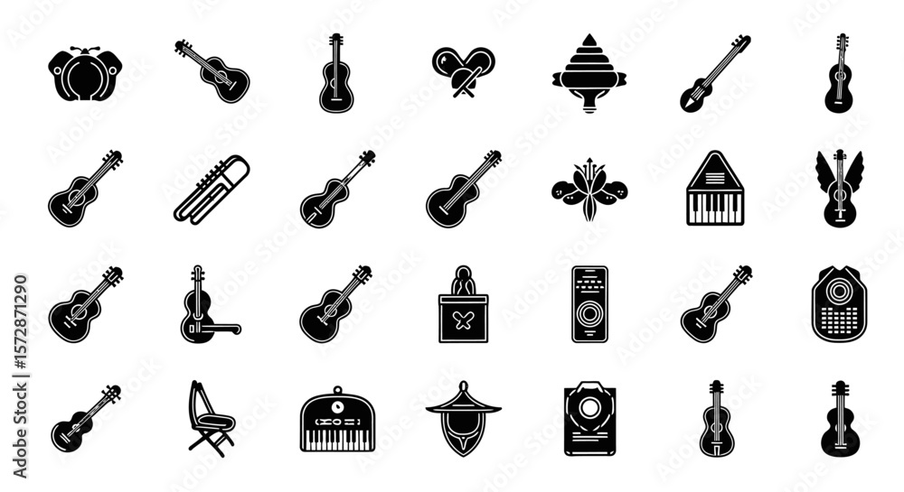 Poster set of vector icons collection of black and white musical instruments and objects icons. vector illu