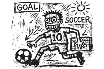 A black and white soccer vector shows a player kicking the ball, outlined in black, symbolizing energy, motion, and competitive sportsmanship.

