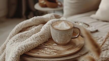 Warm beige coffee mug on rustic wooden tray with soft cream blanket and dried wheat accents