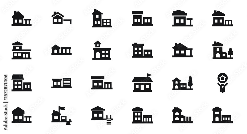 Poster set of vector icons collection of black building icons houses structures and real estate. vector ill