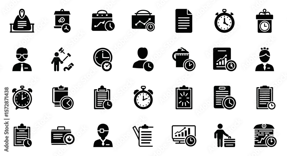 Poster set of vector icons collection of black business and time management icon set. vector illustrations.