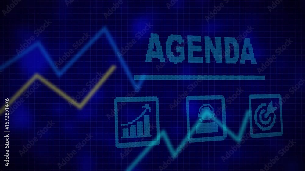 Poster A Agenda business concept on a flashing computer monitor with moving graphs and data. Graph displaying candlesticks and lines representing the business concept of trading  finance,Business technology