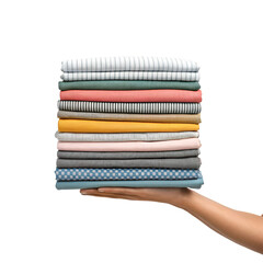 Hand holding a stack of cloths isolated on transparent background for design and visual mockups
