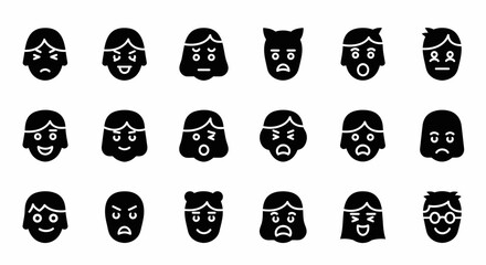 Set of Vector Icons Collection of Black Emoji Faces Expressing Various Emotions and Feelings. Vector Illustrations. EPS Editable