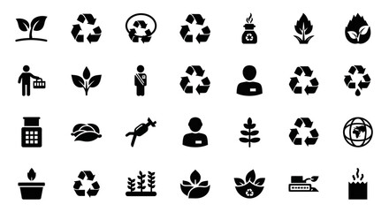 Set of Vector Icons Collection of Black Environmental and Recycling Icons on White Background. Vector Illustrations. EPS Editable