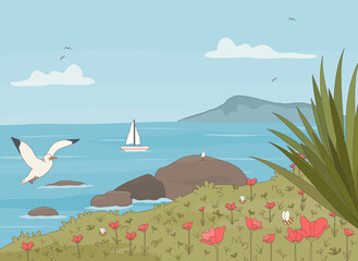 cute hand drawn colorful cartoon summer sea landscape vector illustration with seagull, red poppy flowers, bees, green plants, rocks, boats and hills 