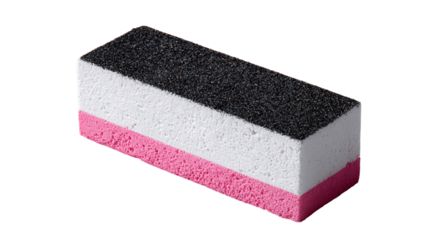 A dual-texture nail buffer block, white background --ar 16:9
