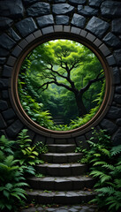 Digital Artwork of Circular Wooden Window in Dark Stone Wall Revealing Lush Forest with Stone Steps