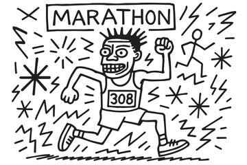The vector showcases marathon participants in black and white, outlined in black, capturing motion, strength, and competitive spirit in clean form.

