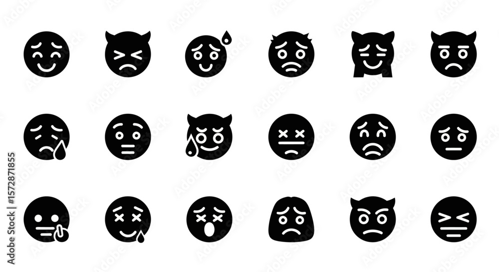 Poster set of vector icons collection of diverse black emojis displaying various facial expressions and emo
