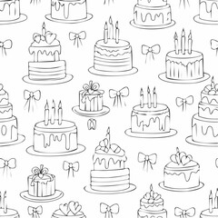 Seamless vector pattern with hand drawn line art cake with candles and bows. Background with dessert for valentine day, birthday, wedding. Vintage scribble wallpaper, wrapping paper, textile ...