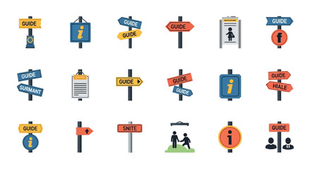 Set of Vector Icons Collection of Directional and Informational Signage Icons with Guide and Information Symbols. Vector Illustrations. EPS Editable