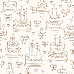 Seamless vector pattern with hand drawn line art cake with candles and bows. Background with dessert for valentine day, birthday, wedding. Vintage scribble wallpaper, wrapping paper, textile ...