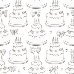 Seamless vector pattern with hand drawn line art cake with candles and bows. Background with dessert for valentine day, birthday, wedding. Vintage scribble wallpaper, wrapping paper, textile ...