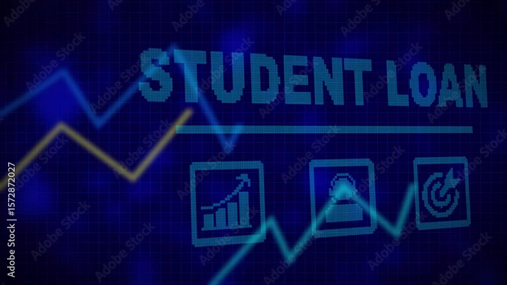 Poster student loan concept on a flashing computer monitor with moving graphs and data. graph displaying ca