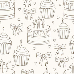 Seamless vector pattern with hand drawn line art cake with candles and bows. Background with dessert for valentine day, birthday, wedding. Vintage scribble wallpaper, wrapping paper, textile ...
