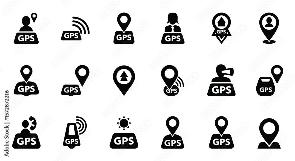Poster set of vector icons collection of gps location icons with various applications. vector illustrations
