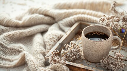 Warm beige coffee mug resting on wooden tray next to cream blanket and dried wheat stems
