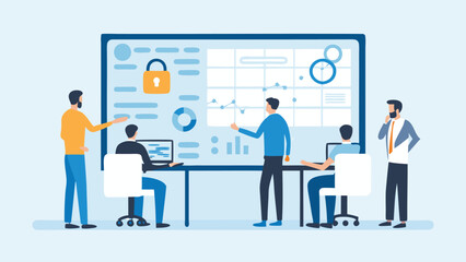 Team analyzing data on a large screen with security lock and various charts in a business setting room