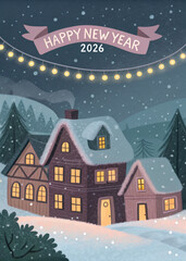 Fototapeta premium Snowy Village Scene Illustration with Lights and Typography 