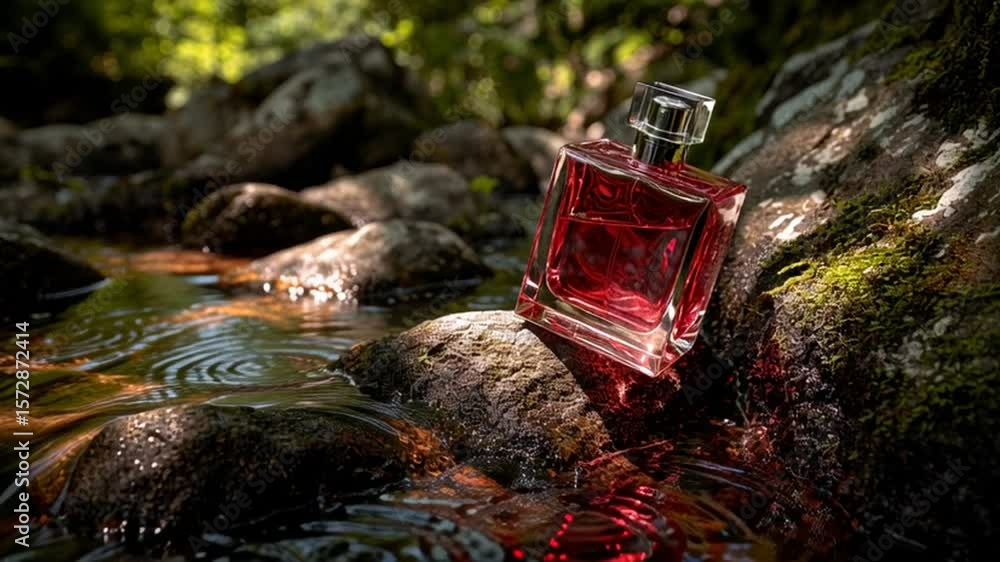 Poster perfume bottle resting on rocks by a serene stream in nature generative ai