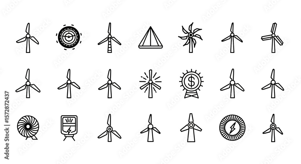 Poster set of vector icons collection of simple line art wind turbine icons. vector illustrations. eps edit