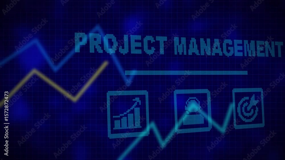 Poster project management business concept on a flashing computer monitor with moving graphs and data. digi