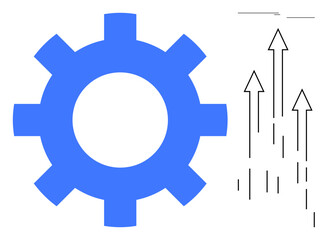 Blue gear beside ascending arrows symbolizing productivity, innovation, progress, strategy, teamwork, growth, success. Ideal for business, technology engineering development process improvement