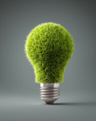 Green Energy Concept with Light Bulb Made of Grass on Grey Background Symbolizing Sustainability