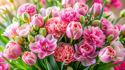 Obraz premium Close-up of Pink Tulips and Carnations Bouquet