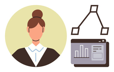 Woman in formal attire situated beside a flowchart and data graph. Ideal for business, analytics, management, education, workflow, planning, organization. Simple flat metaphor