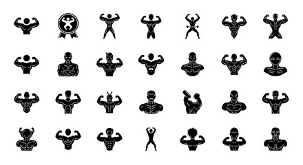 Set of Vector Icons Diverse Muscle Men Icons in Various Poses. Vector Illustrations. EPS Editable
