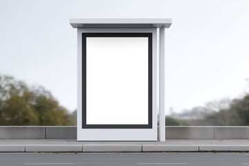 Empty bus stop mock up with blank advertising space, situated along a quiet street, surrounded by trees and soft natural light, ideal for promotional designs and creative projects