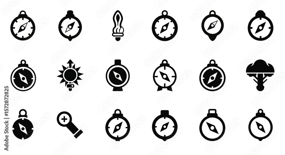 Poster set of vector icons various black compass icons with different shapes and styles navigation symbols.