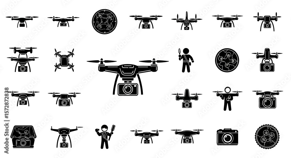 Poster set of vector icons various drone icons with operators and accessories. vector illustrations. eps ed