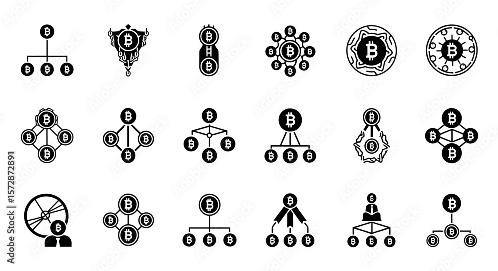 Poster set of vector icons bitcoin network structures black and white cryptocurrency connection icons. vect