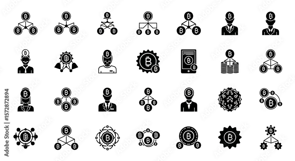 Poster set of vector icons bitcoin network icons set with various cryptocurrency interactions. vector illus