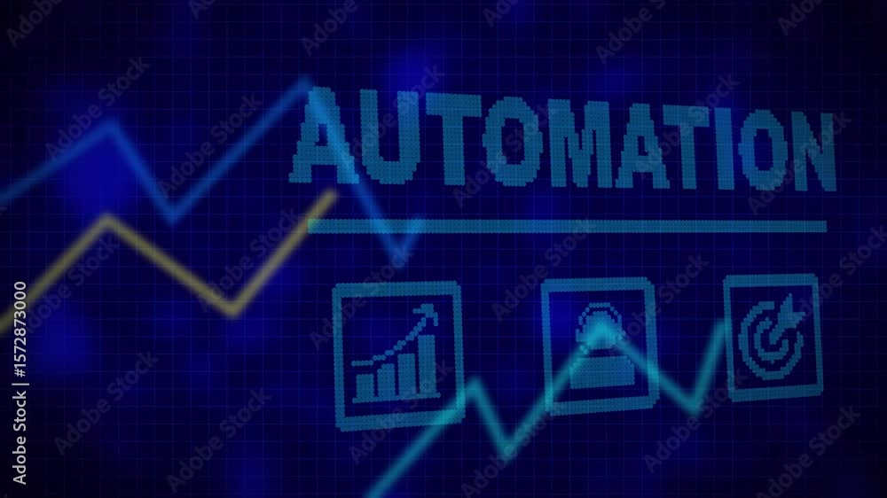 Poster automation business concept on a flashing computer monitor with moving graphs and data. abstract dat