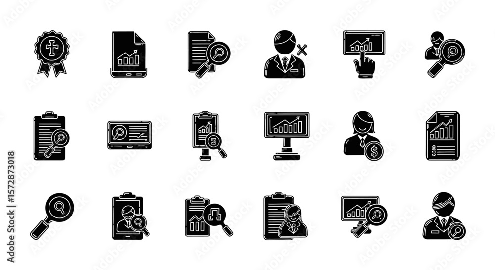 Poster set of vector icons black and white business icons representing data analysis and research. vector i