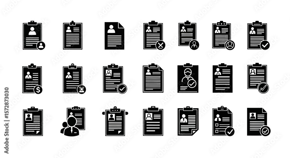 Poster set of vector icons black and white clipboard icons representing various human resources concepts. v