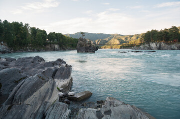 Fast mountain river Katun and bridge in Altay, Siberia, Russia.