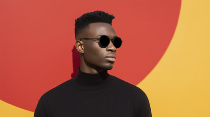 Young african american man wearing stylish sunglasses poses confidently against a vibrant orange and yellow background, showcasing modern fashion and urban lifestyle