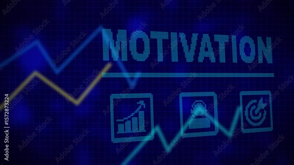 Poster a motivation business concept on a flashing computer monitor with moving graphs and data. abstract d