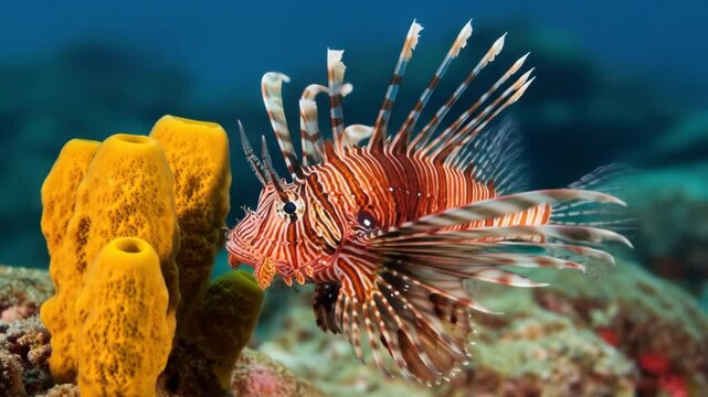 Striking lionfish swimming near coral reef, underwater marine life in ocean. Exotic fish with vibrant colors.