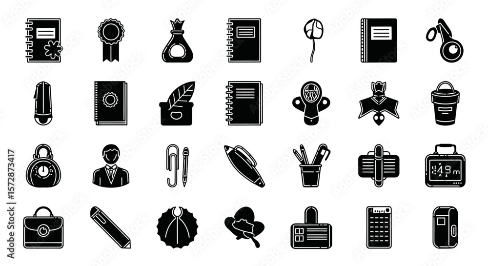 Poster set of vector icons black and white spiral notebook with horizontal lines and flower icon. vector il