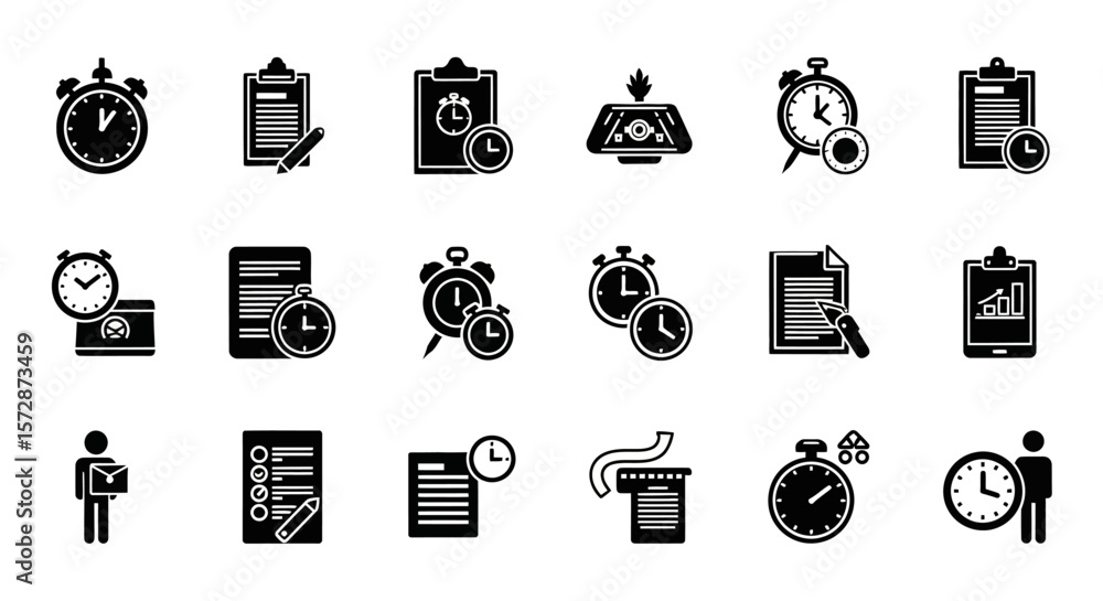 Poster set of vector icons black and white time management icons representing punctuality and deadlines. ve