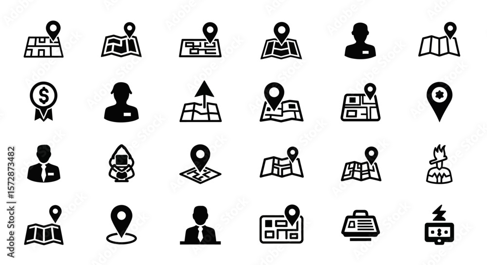 Poster set of vector icons black and white vector icons representing navigation location and people. vector