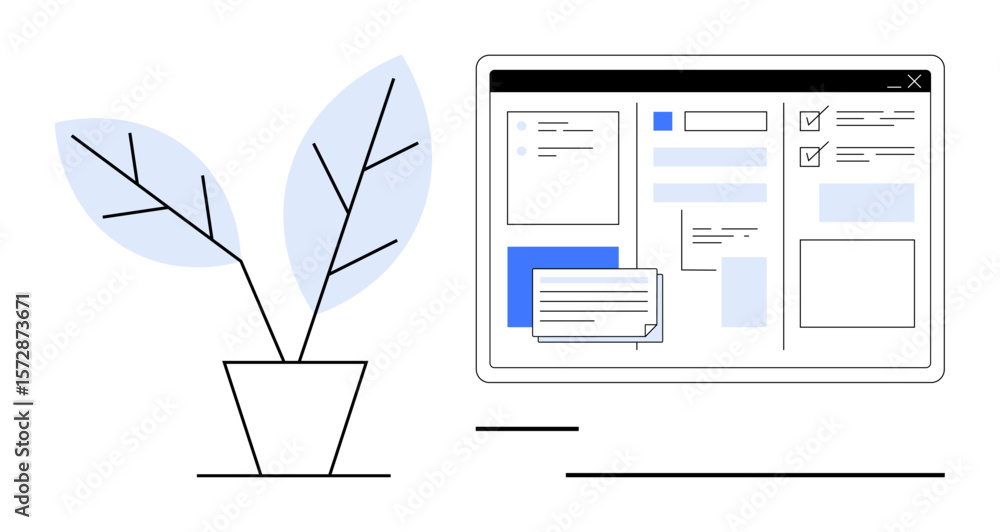 Poster computer screen with task management tools next to a simple potted plant. ideal for productivity, or